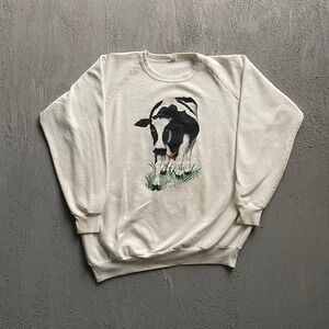 Vintage Cow Sweatshirt Unisex XL White 90s double sided